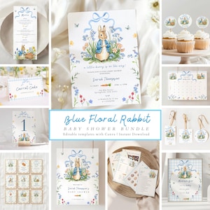 May include: A baby shower stationery bundle with a blue floral rabbit design. The set includes invitations, cupcake toppers, a menu, table cards, and a welcome sign. The designs feature watercolour illustrations of a bunny, flowers, and butterflies.