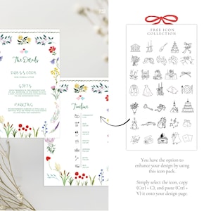edding stationery templates featuring a beautiful floral design. On the left, two cards include "The Details" card with dress code (semi-formal), gift information suggesting contributions to a honeymoon fund, and parking instructions. The "Timeline" card displays the wedding day schedule with events from ceremony to bus transportation. Both cards feature watercolor floral illustrations. The right side showcases a "Free Icon Collection" with wedding-related icons, enhancing the elegant aesthetic.