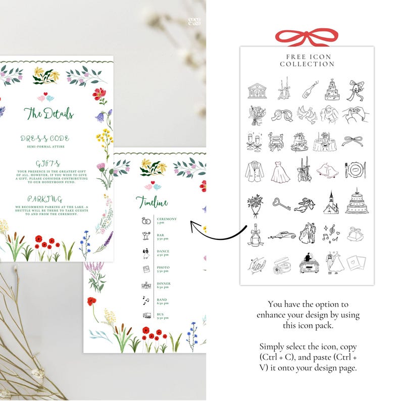 edding stationery templates featuring a beautiful floral design. On the left, two cards include "The Details" card with dress code (semi-formal), gift information suggesting contributions to a honeymoon fund, and parking instructions. The "Timeline" card displays the wedding day schedule with events from ceremony to bus transportation. Both cards feature watercolor floral illustrations. The right side showcases a "Free Icon Collection" with wedding-related icons, enhancing the elegant aesthetic.