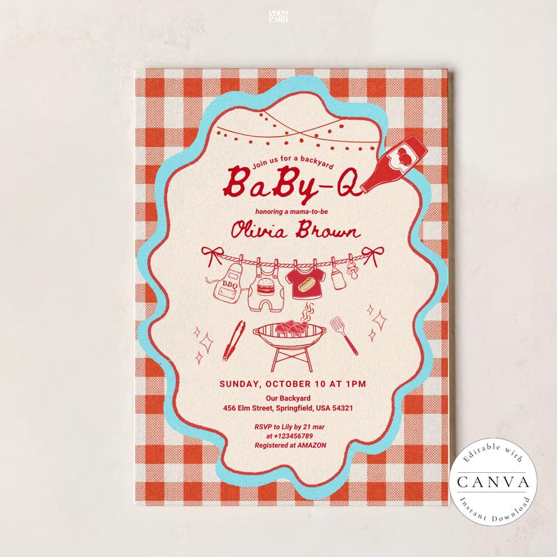 Baby-Q shower invitation with red gingham border and blue wavy outline. Features clothesline with hanging baby items (bottle, onesie, bib) and BBQ grill with utensils. Invites guests to honor Olivia Brown, Sunday October 10 at 1PM, 456 Elm Street Springfield. RSVP to Lily by March 21. Amazon registry. Retro backyard BBQ themed design.