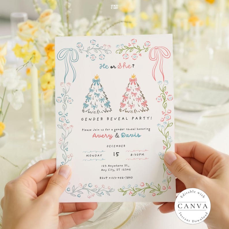 Beautifully designed gender reveal party invitation held in a hand, featuring a floral design with a blue and pink color scheme. The text "He or She?" is centered with illustrated Christmas trees adorned with blue and pink bows. It announces the "GENDER REVEAL PARTY!" for Avery & Davis on December 15 at 8:30 PM, with RSVP details included. A Canva logo indicates it's an editable template. 🎉🎄💖💙