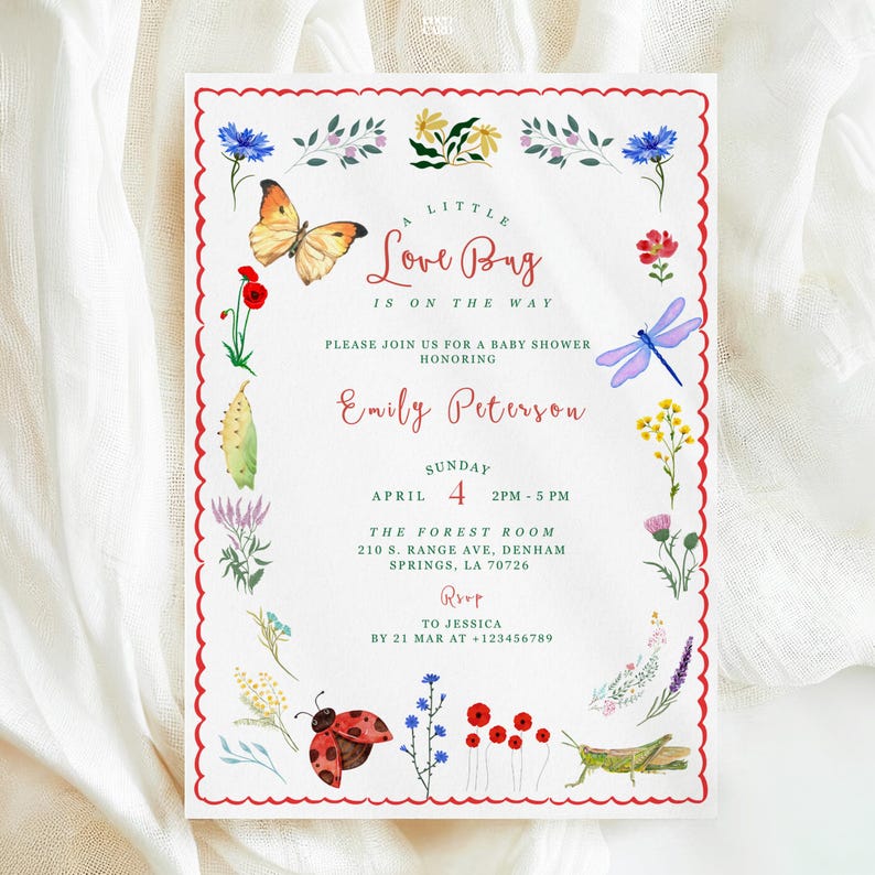 Love Bug Baby Shower Invitation Template: Insect Floral Garden Invite ...