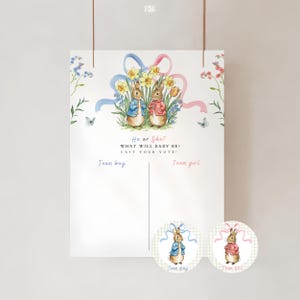 Op de afbeelding: Een poster voor een gender reveal party met illustraties van konijntjes, bloemen en linten. De tekst luidt "He or She? What will baby be? Cast your vote!" met ruimtes voor "Team boy" en "Team girl".