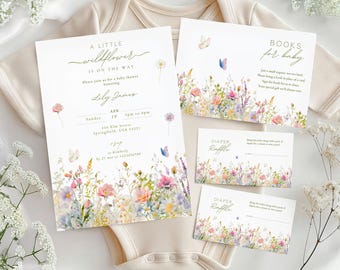 A Little Wildflower Baby Shower Invitation Set: Baby in Bloom, Boho Wildflower is on the way Invite (Canva Editable, Instant Download) BS15
