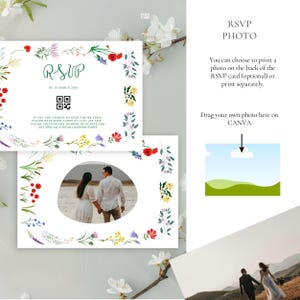 A wedding RSVP card design featuring beautiful floral watercolor illustrations around the border, including red poppies, yellow flowers, and blue blooms, with green foliage. The card includes a QR code in the center, RSVP deadline text (March 15, 2026), and contact information for manual responses. It demonstrates photo placement options with a circular space for a photo, showcasing a beach scene.