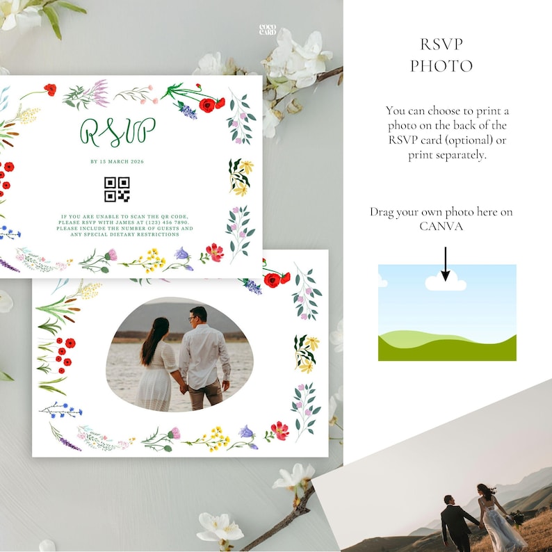 A wedding RSVP card design featuring beautiful floral watercolor illustrations around the border, including red poppies, yellow flowers, and blue blooms, with green foliage. The card includes a QR code in the center, RSVP deadline text (March 15, 2026), and contact information for manual responses. It demonstrates photo placement options with a circular space for a photo, showcasing a beach scene.