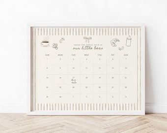 A Baby is Brewing Coffee Due Date Calendar: Stripe Hand Drawn Whimsical Bow Invite (Canva Editable, Instant Download) BS19
