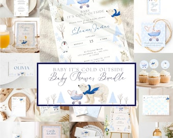 Könnte beinhalten: Eine Sammlung von Babyparty-Papeterie mit Winterthema. Enthält Einladungen, Dankeskarten, Cupcake-Topper und ein Schild. Designs zeigen einen Eisbären, Pinguin und Kinderwagen in Blau- und Weißtönen.