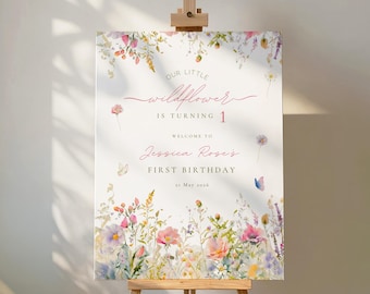 Modèle de plaque de bienvenue premier anniversaire fleurs sauvages : décoration de fête florale bohème printanière (téléchargement sur toile) WB1