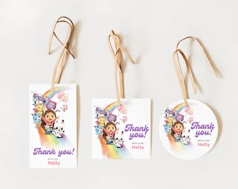 Plantilla de etiqueta de regalo de cumpleaños de casa de muñecas: Fiesta de Gabby Cats para niños de todas las edades (Editable en Canva, descarga instantánea) BD8