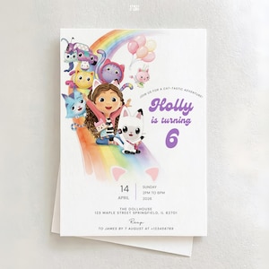May include: A white invitation card with a colorful illustration featuring a girl and several cat characters. The text "Holly is turning 6" is in purple. The date and time of the event are also included.