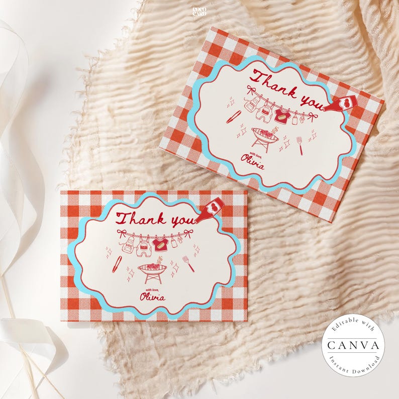 Two matching Baby-Q thank you cards on cream textured fabric with white ribbon. Red gingham background with blue scalloped border frames clothesline with baby items and BBQ grill illustration. Text reads "Thank you" and "with love, Olivia" in red script. Editable Canva template shown with decorative stars and utensils.