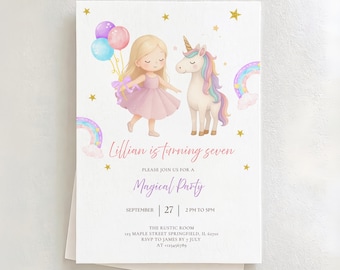 Plantilla de invitación de cumpleaños de unicornio: Tarjeta mágica de cuento de hadas de princesa bailarina de cabello rubio claro para cualquier edad (Canva editable, descarga instantánea) BD4