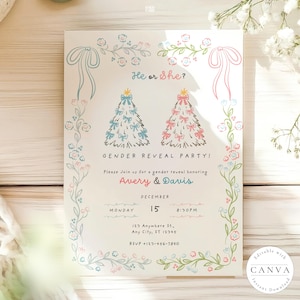Celebrate the exciting news with our beautifully designed winter-themed gender reveal party invitation! Featuring two Christmas trees adorned with blue and pink bows, this invitation includes essential details for Avery & Davis's party on December 15 at 8:00 PM. Editable template available for instant download!