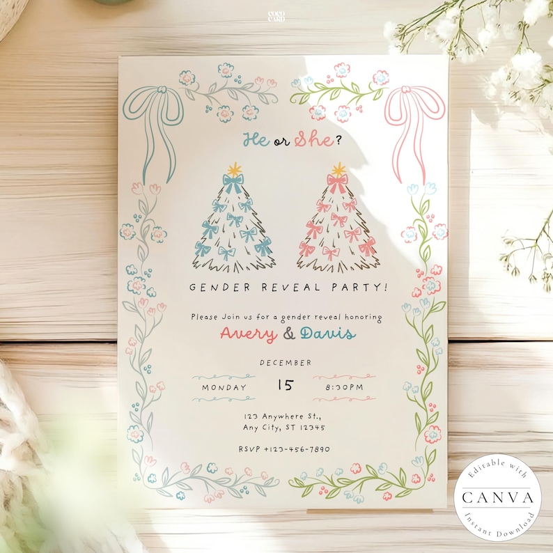 Celebrate the exciting news with our beautifully designed winter-themed gender reveal party invitation! Featuring two Christmas trees adorned with blue and pink bows, this invitation includes essential details for Avery & Davis's party on December 15 at 8:00 PM. Editable template available for instant download!