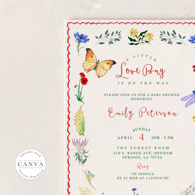 Love Bug Baby Shower Invitation Template: Insect Floral Garden Invite ...