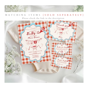 May include: Baby shower invitation and cards with a red and white checkered pattern. The invitation reads "BaBy-Q" with the name "Olivia Brown". Additional cards include "Thank you", "Books for baby", and "Diaper Raffle".
