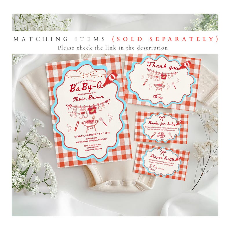 May include: Baby shower invitation and cards with a red and white checkered pattern. The invitation reads "BaBy-Q" with the name "Olivia Brown". Additional cards include "Thank you", "Books for baby", and "Diaper Raffle".