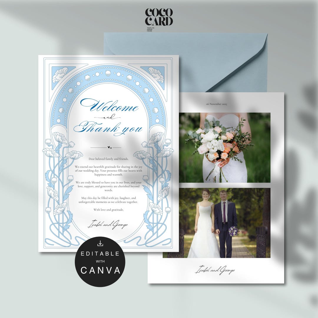 Elegant Blue Floral Wedding Thank You Card Template (canva Editable ...
