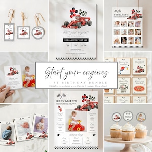 May include: A collection of race car themed party supplies, including invitations, thank you cards, cupcake toppers, and a milestone poster. The designs feature a red race car, checkered flags, and the text "Start your engines!"