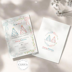 Beautifully designed gender reveal party invitation set featuring a pastel color scheme with pink and blue elements. The main invitation displays "He or She?" with floral borders and Christmas trees, announcing the "GENDER REVEAL PARTY" for Avery & Davis on December 15 at 8:30 PM. The matching card features a wreath-like design. A Canva watermark indicates it's an editable template. 🎉🎄💖💙