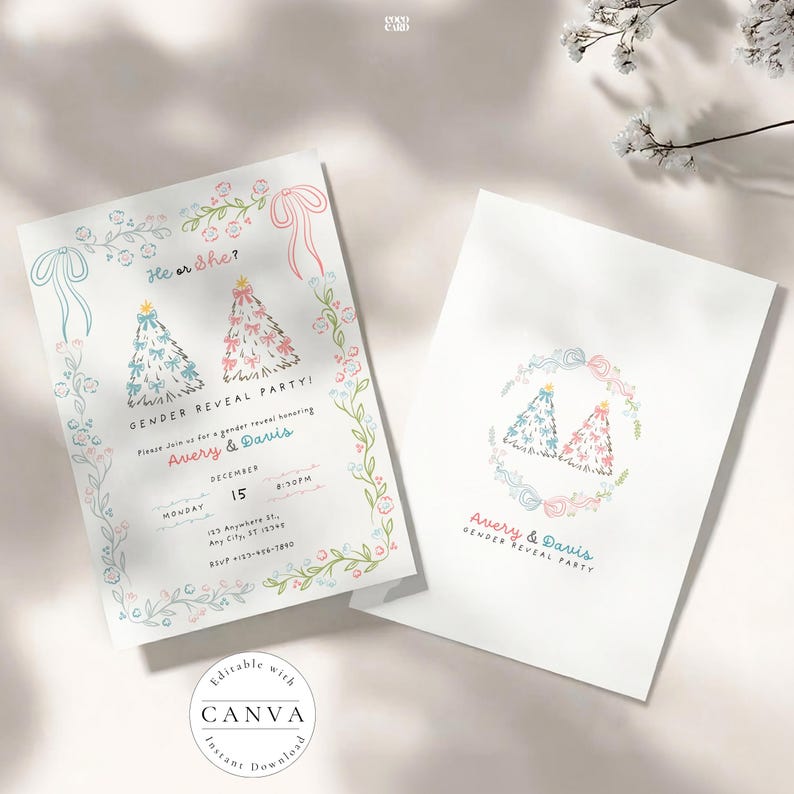 Beautifully designed gender reveal party invitation set featuring a pastel color scheme with pink and blue elements. The main invitation displays "He or She?" with floral borders and Christmas trees, announcing the "GENDER REVEAL PARTY" for Avery & Davis on December 15 at 8:30 PM. The matching card features a wreath-like design. A Canva watermark indicates it's an editable template. 🎉🎄💖💙