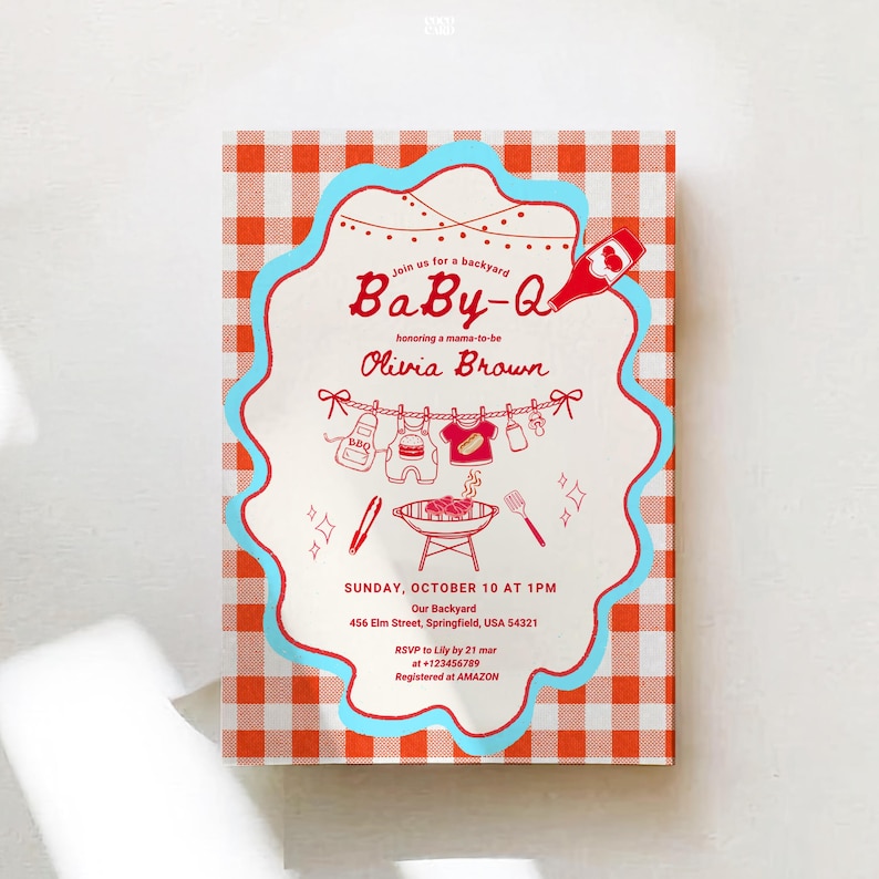 Baby shower invitation with red gingham background featuring "Baby-Q" theme. Shows clothesline with hanging baby items (bottle, bib, onesie, shoes) and BBQ grill illustration. Event details honor Olivia Brown on Sunday, October 10 at 1PM at 456 Elm Street, Springfield. RSVP to Lily by March 21. Scalloped red and blue border frames the casual backyard barbecue themed design.