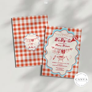 Baby-Q themed shower invitation mockup showing two cards with red gingham background. Main card features light blue scalloped border, clothesline with baby items, and BBQ grill illustration. Text honors Olivia Brown, Sunday October 10 at 1PM, 456 Elm Street Springfield. Smaller companion card shows Baby-Q logo. Editable Canva template by Cori Card.
