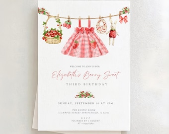 May include: A white invitation card with a watercolor illustration of a strawberry-themed design. The card features a red gingham dress, strawberries, and the text "Elizabeth's Berry Sweet Third Birthday".