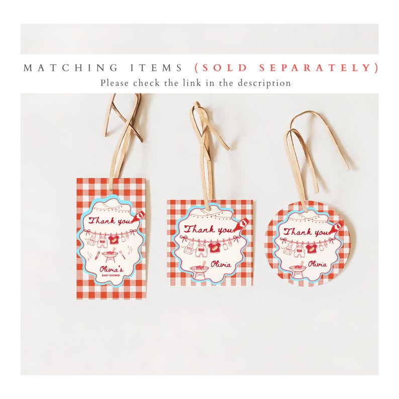May include: Three baby shower gift tags with red and white gingham pattern. Each tag has a light blue and white scalloped border with the text "Thank you" and "Olivia's Baby Shower". The tags are tied with a natural-colored ribbon.