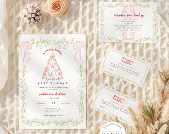 May include: Baby shower invitations and raffle cards with a floral and bow design. The main invitation features a Christmas tree design with the text "a merry little baby shower". The raffle cards say "Diaper Raffle".