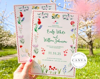 May include: Wedding invitation featuring floral illustrations and the names "Emily White" and "William Johnson." The invitation has a red scalloped border and includes the date "11.10.25." The design incorporates various flowers and greenery.