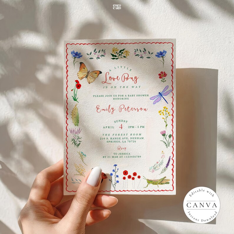 Love Bug Baby Shower Invitation Template: Insect Floral Garden Invite ...