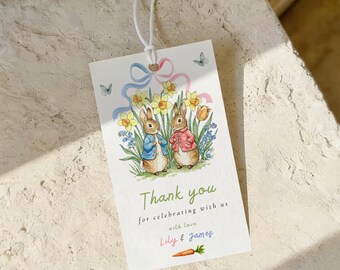Peter Rabbit Gender Reveal Thank You Tag: He or She What Will Baby Bunny Be, Rustic Floral Garden Favor (Canva Editable) GR2
