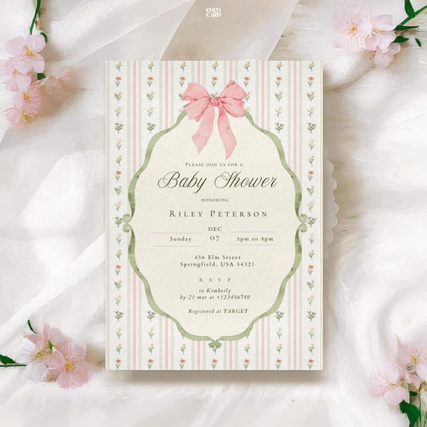 Floral Bow Baby Shower Invitation Template: Coquette Vintage Girl Invite (Canva Editable) VB1