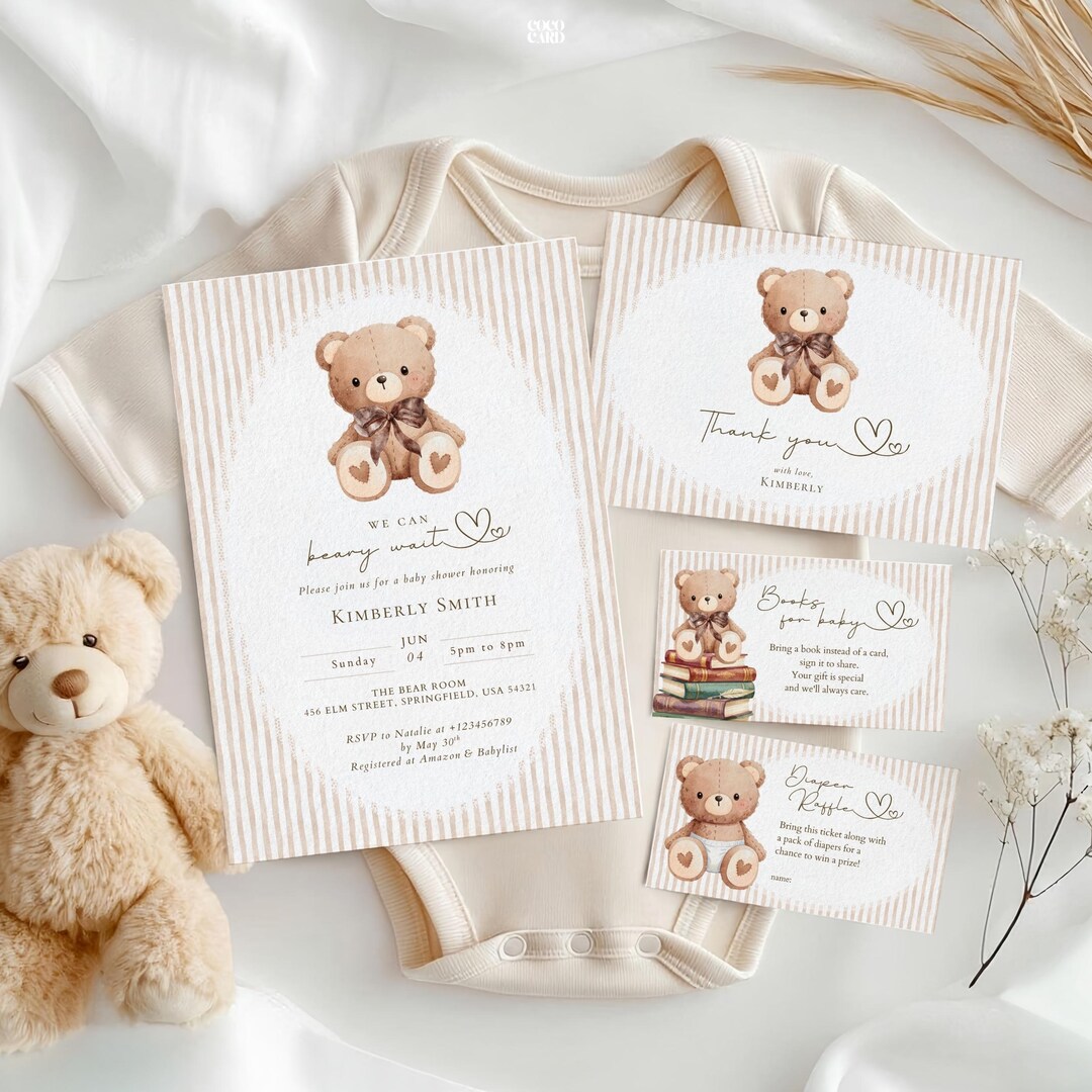 T1 Invite We Can Bearly Wait Baby Shower Invitation Set: Teddy Bear, Beige ...