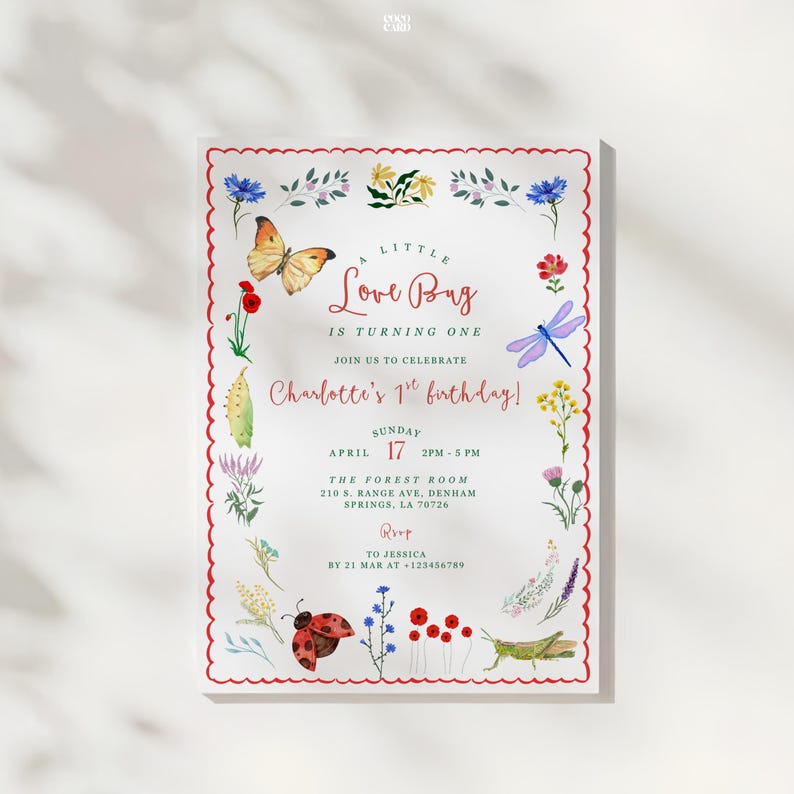 Wildflower Love Bug Birthday Invitation: Insect Floral Garden Invite ...