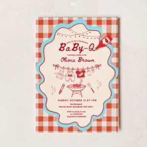 Baby-Q shower invitation with red gingham border and blue wavy outline. Features clothesline with hanging baby items (bottle, onesie, bib) and BBQ grill with utensils. Invites guests to honor Olivia Brown, Sunday October 10 at 1PM, 456 Elm Street Springfield. RSVP to Lily by March 21. Amazon registry. Retro backyard BBQ themed design.