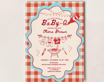 Baby Q Baby Shower Invitation: Red Gingham Backyard BBQ Grill Invite, Clothesline Garden Barbecue Party BS23