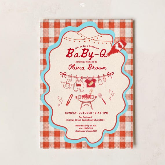 Baby Q Baby Shower Invitation: Red Gingham Backyard BBQ Grill Invite, Clothesline Garden Barbecue Party BS23