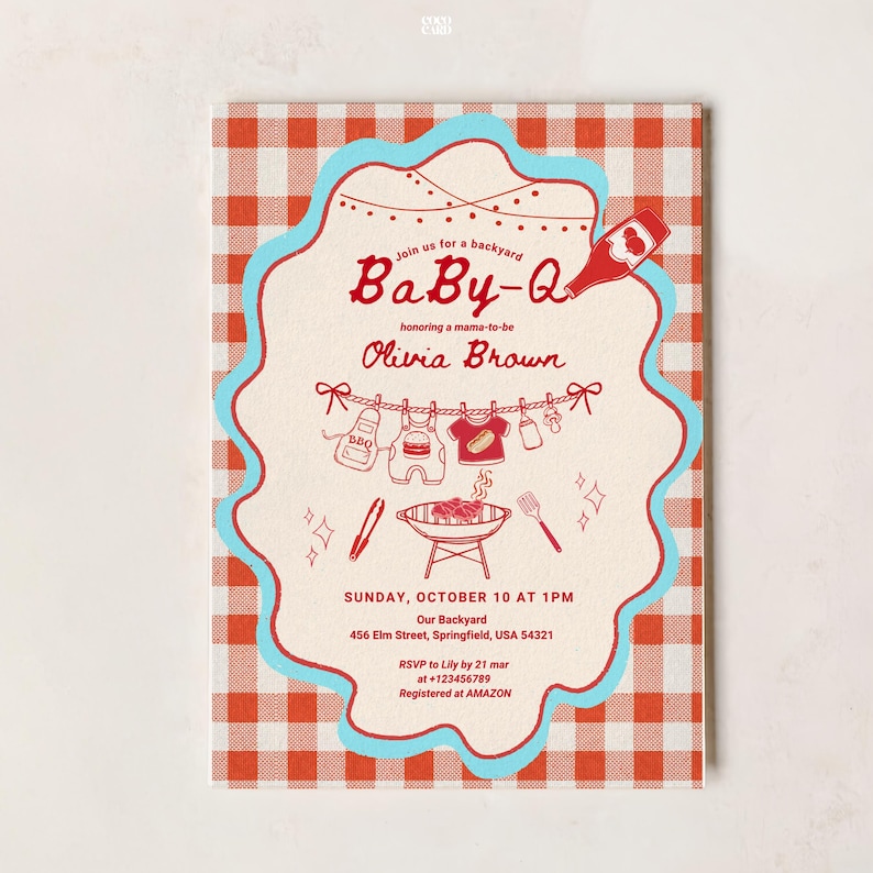 Baby-Q shower invitation with red gingham border and blue wavy outline. Features clothesline with hanging baby items (bottle, onesie, bib) and BBQ grill with utensils. Invites guests to honor Olivia Brown, Sunday October 10 at 1PM, 456 Elm Street Springfield. RSVP to Lily by March 21. Amazon registry. Retro backyard BBQ themed design.