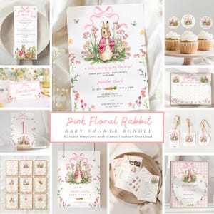 May include: A collection of baby shower stationery featuring a pink floral rabbit theme. Includes invitations, cupcake toppers, table cards, and a welcome sign. The text "Pink Floral Rabbit BABY SHOWER BUNDLE" is visible.