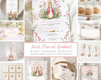 Peter Rabbit Baby Shower Invitation Bundle: A Little Bunny Is On The Way, Rustic Pink Floral Garden Invite (Canva Editable) BS17