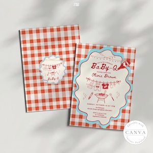 Baby-Q themed shower invitation mockup showing two cards with red gingham background. Main card features light blue scalloped border, clothesline with baby items, and BBQ grill illustration. Text honors Olivia Brown, Sunday October 10 at 1PM, 456 Elm Street Springfield. Smaller companion card shows Baby-Q logo. Editable Canva template