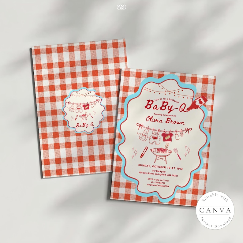 Baby-Q themed shower invitation mockup showing two cards with red gingham background. Main card features light blue scalloped border, clothesline with baby items, and BBQ grill illustration. Text honors Olivia Brown, Sunday October 10 at 1PM, 456 Elm Street Springfield. Smaller companion card shows Baby-Q logo. Editable Canva template