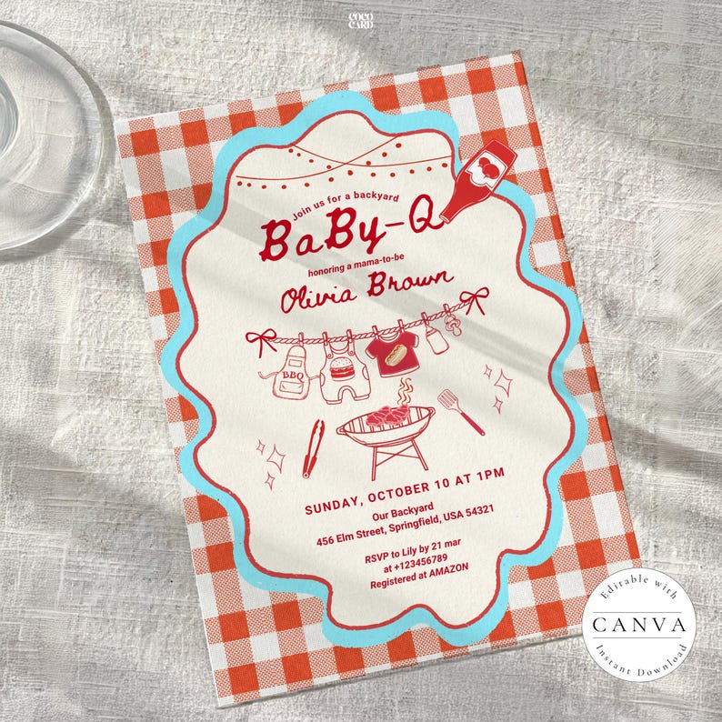 Baby-Q shower invitation on white wooden surface with red gingham border and light blue scalloped edge. Features clothesline with baby items and BBQ grill illustration. Invites guests to honor Olivia Brown, Sunday October 10 at 1PM, 456 Elm Street Springfield. RSVP to Lily by March 21. Editable Canva template shown with clear glass in corner.