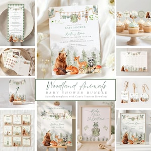 Op de afbeelding: Een verzameling baby shower decoraties met bosdieren. De bundel bevat uitnodigingen, cupcake toppers, borden en een menu. De ontwerpen bevatten illustraties van beren, vossen, herten en wasberen in een bosrijke omgeving. De tekst "Woodland Animals BABY SHOWER BUNDLE" wordt weergegeven.
