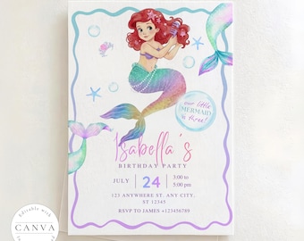Plantilla de invitación de cumpleaños con cola de sirena: Ilustración de princesita, tarjeta fotográfica con temática marina en tonos pastel (Canva editable, descarga instantánea)