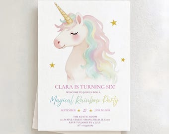 Plantilla de invitación de cumpleaños de unicornio: Tarjeta fotográfica mágica de cuento de hadas con arcoíris pastel para cualquier edad, con purpurina dorada (editable en Canva, descarga instantánea)