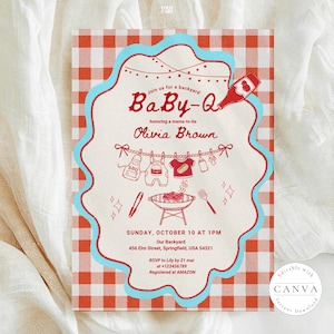 Baby-Q shower invitation with red gingham background and light blue scalloped border. Features string lights, BBQ sauce bottle, clothesline with baby items, and central grill illustration with utensils. Honors Olivia Brown, Sunday October 10 at 1PM, 456 Elm Street Springfield. RSVP to Lily by March 21. Amazon registry. Editable Canva template.